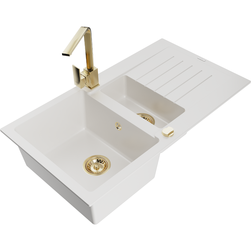 Mexen Matias granite sink 1.5-bowl with drainer and Rita kitchen tap, white - 6502-20-670300-50