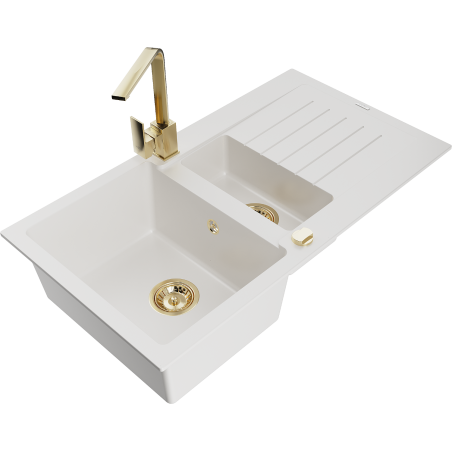 Mexen Matias 1.5-compartment granite sink with a drip tray and kitchen mixer tap Rita, White - 6502-20-670300-50