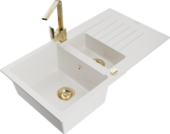 Mexen Matias 1.5-bowl granite sink with drainer and Rita kitchen faucet, white - 6502-20-670300-50