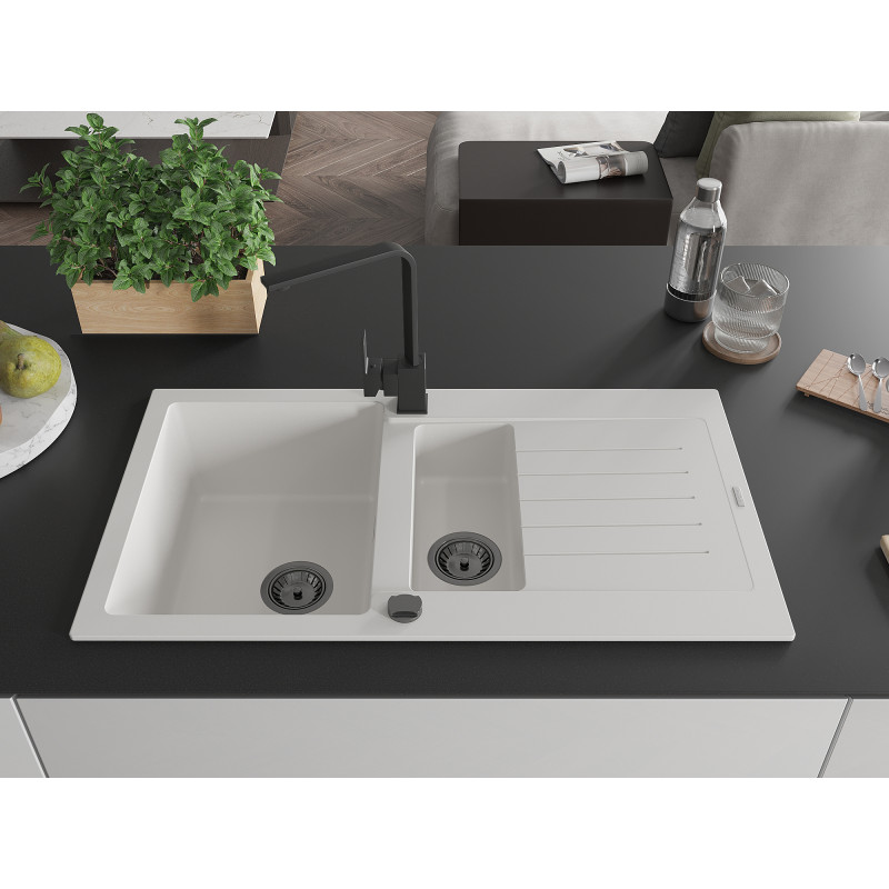Mexen Matias granite sink 1.5-bowl with drainer and Rita kitchen faucet, white - 6502-20-670300-70
