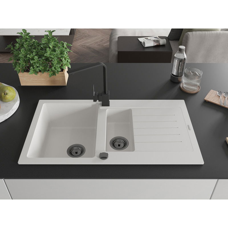 Mexen Matias granite sink 1.5-bowl with drainer and Rita kitchen tap, white - 6502-20-670300-70