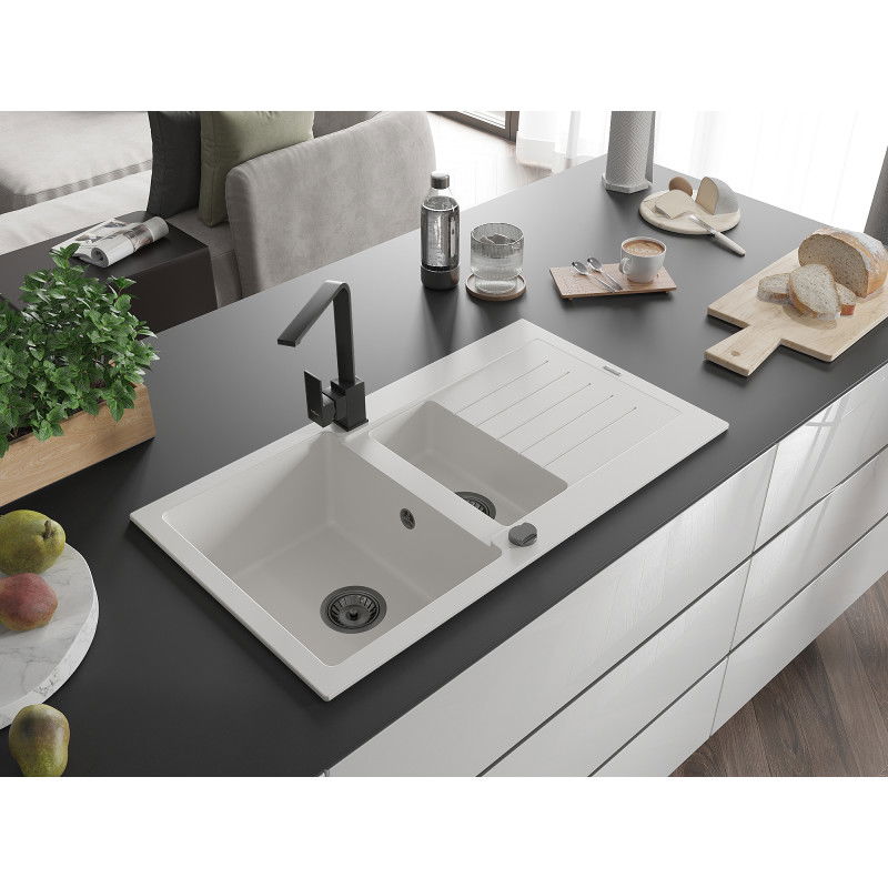 Mexen Matias granite sink 1.5-bowl with drainer and Rita kitchen tap, white - 6502-20-670300-70