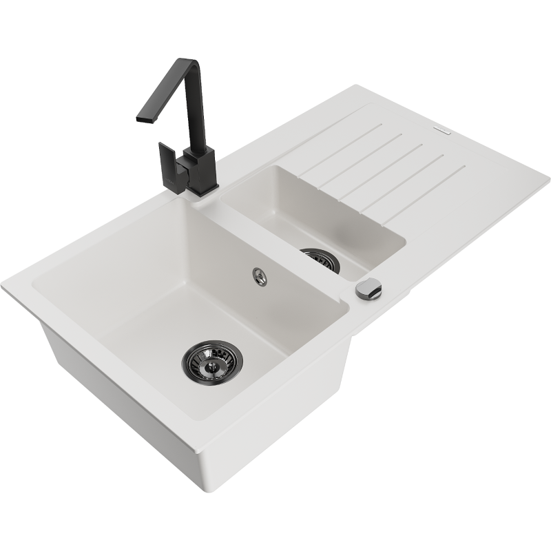 Mexen Matias 1.5-compartment granite sink with a drip tray and kitchen mixer tap Rita, White - 6502-20-670300-70