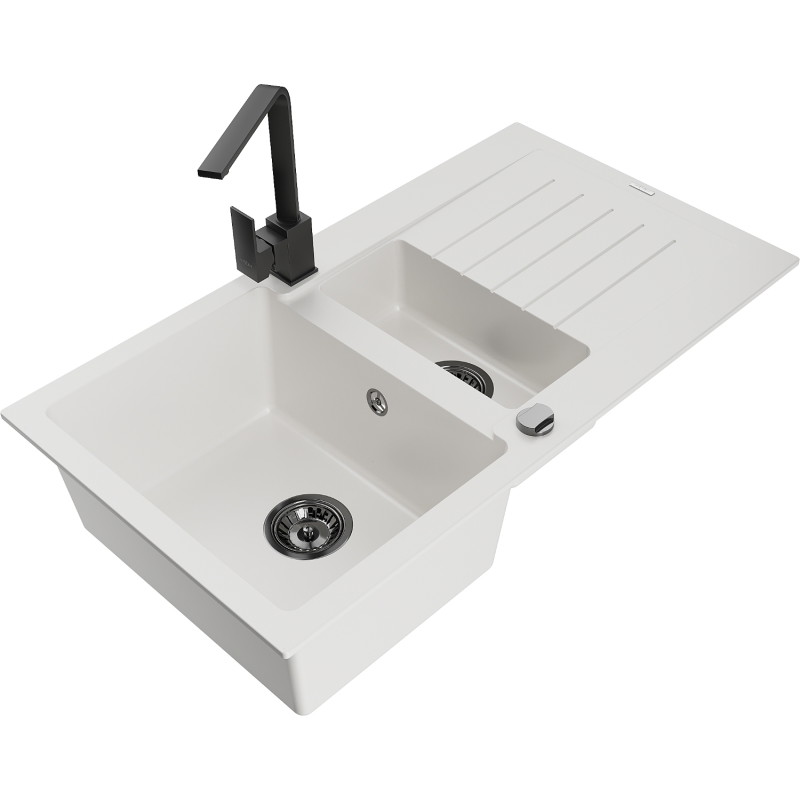 Mexen Matias granite sink 1.5-bowl with drainer and kitchen faucet Rita, white - 6502-20-670300-70
