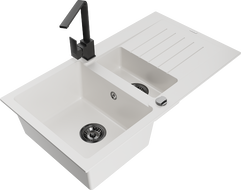 Mexen Matias 1.5-compartment granite sink with a drip tray and kitchen mixer tap Rita, White - 6502-20-670300-70