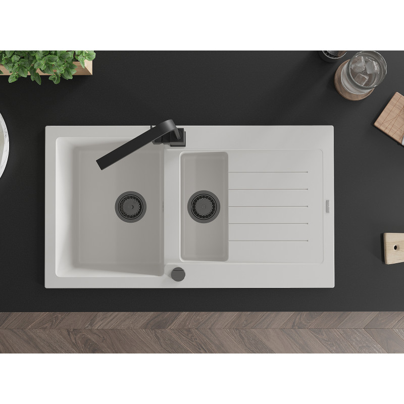 Mexen Matias granite sink 1.5-bowl with drainer and Rita kitchen faucet, white - 6502-20-670300-70