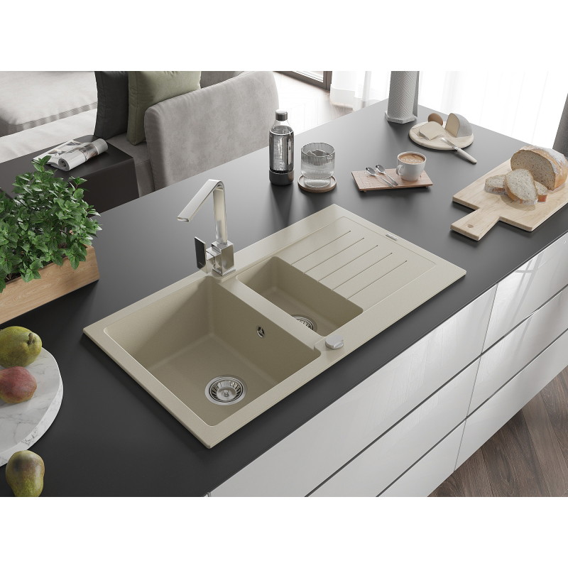 Mexen Matias granit sink 1.5-bowl with drainer and Rita kitchen faucet, beige - 6502-69-670300-00
