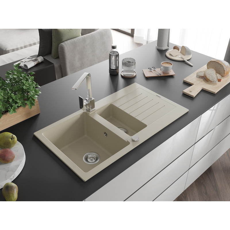 Mexen Matias granite kitchen sink 1.5-bowl with drainer and kitchen faucet Rita, beige - 6502-69-670300-00