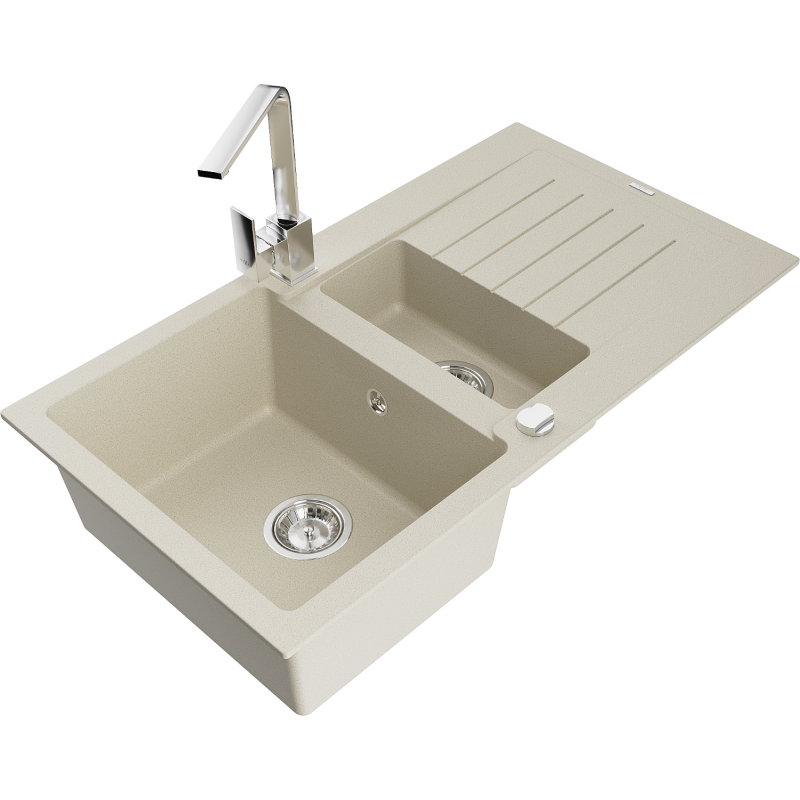 Mexen Matias 1.5-bowl granite sink with drainer and Rita kitchen tap, beige - 6502-69-670300-00