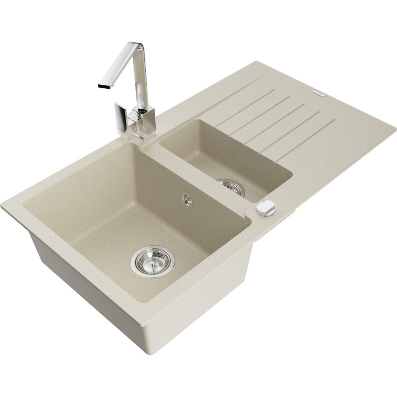 Mexen Matias granit sink 1.5-bowl with drainer and Rita kitchen faucet, beige - 6502-69-670300-00