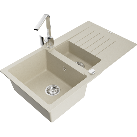 Mexen Matias 1.5-bowl granite sink with drainer and Rita kitchen tap, beige - 6502-69-670300-00