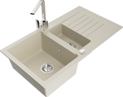 Mexen Matias 1.5-compartment granite sink with a drip tray and kitchen mixer tap Rita, Beige - 6502-69-670300-00