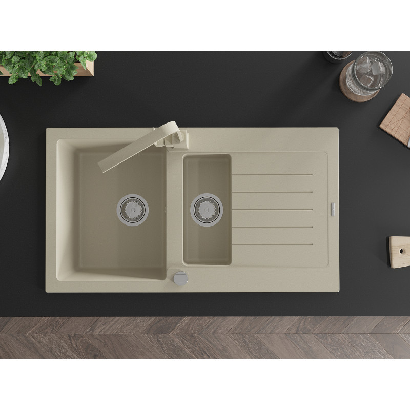 Mexen Matias 1.5-bowl Granite Sink with Drainer and Rita Kitchen Faucet, Beige - 6502-69-670300-69