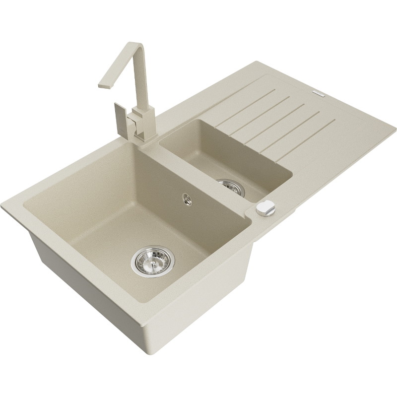 Mexen Matias granite kitchen sink 1.5-bowl with drainer and kitchen faucet Rita, beige - 6502-69-670300-69