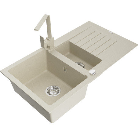 Mexen Matias 1.5-compartment granite sink with a drip tray and kitchen mixer tap Rita, Beige - 6502-69-670300-69