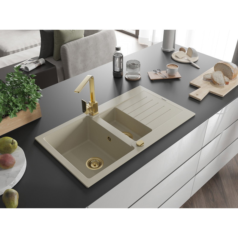 Mexen Matias granite sink 1.5-bowl with drainer and kitchen faucet Rita, beige - 6502-69-670300-50