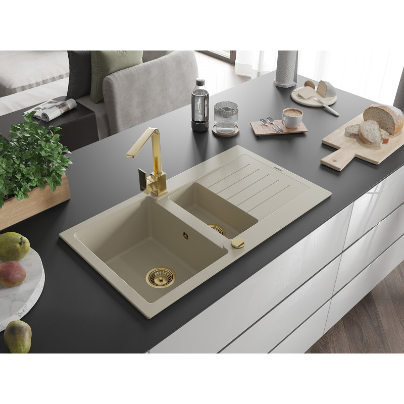 Mexen Matias granite sink 1.5-bowl with drainer and Rita kitchen faucet, beige - 6502-69-670300-50