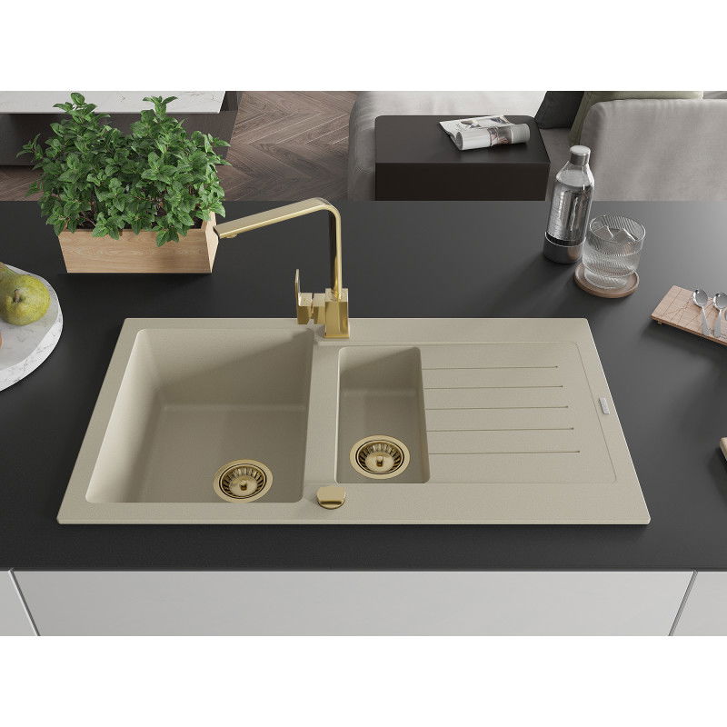 Mexen Matias 1.5-bowl granite sink with drainer and Rita kitchen tap, beige - 6502-69-670300-50
