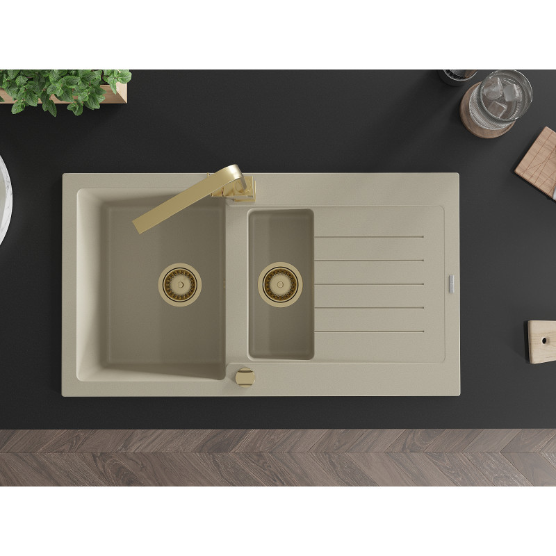 Mexen Matias granite sink 1.5-bowl with drainer and kitchen faucet Rita, beige - 6502-69-670300-50