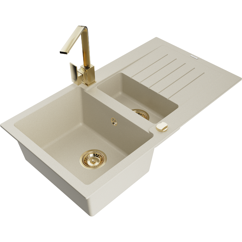 Mexen Matias 1.5-bowl granite sink with drainer and Rita kitchen tap, beige - 6502-69-670300-50