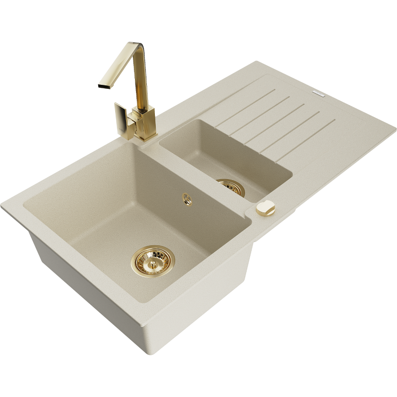 Mexen Matias 1.5-compartment granite sink with a drip tray and kitchen mixer tap Rita, Beige - 6502-69-670300-50