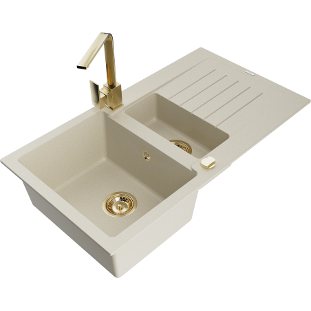 Mexen Matias 1.5-compartment granite sink with a drip tray and kitchen mixer tap Rita, Beige - 6502-69-670300-50