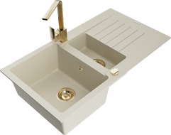 Mexen Matias 1.5-compartment granite sink with a drip tray and kitchen mixer tap Rita, Beige - 6502-69-670300-50