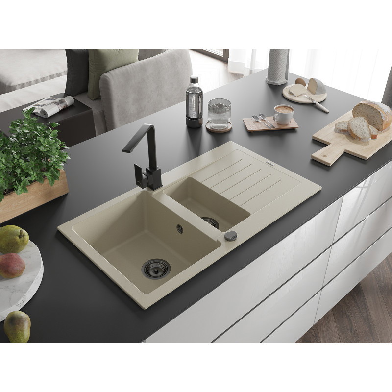 Mexen Matias 1.5-bowl granite sink with drainer and Rita kitchen faucet, beige - 6502-69-670300-70