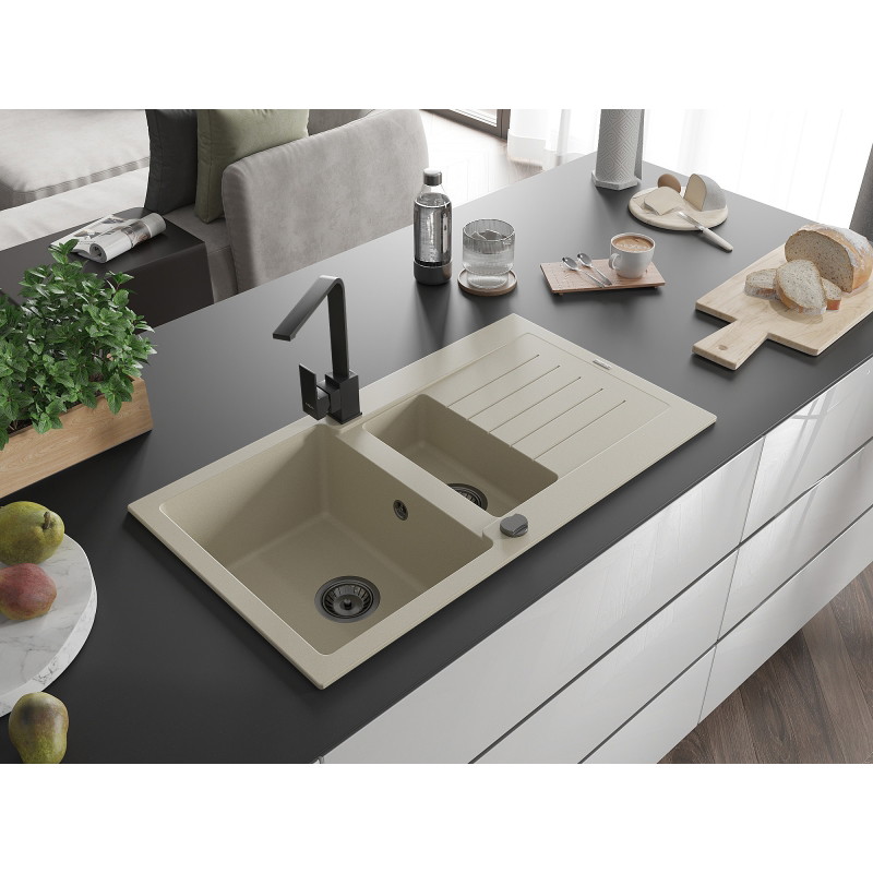 Mexen Matias granite sink 1.5-bowl with drainer and Rita kitchen faucet, beige - 6502-69-670300-70