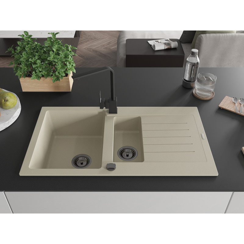 Mexen Matias 1.5-bowl granite sink with drainer and Rita kitchen faucet, beige - 6502-69-670300-70