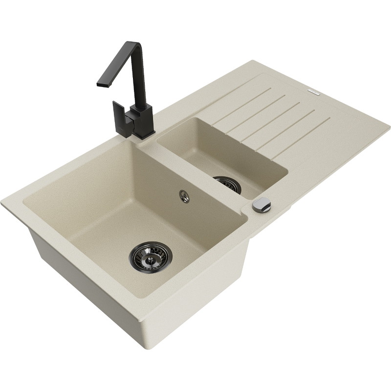 Mexen Matias granite sink 1.5-bowl with drainer and Rita kitchen faucet, beige - 6502-69-670300-70