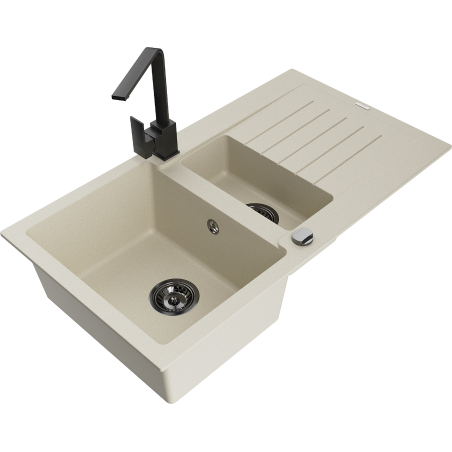 Mexen Matias 1.5-compartment granite sink with a drip tray and kitchen mixer tap Rita, Beige - 6502-69-670300-70