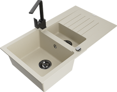 Mexen Matias 1.5-compartment granite sink with a drip tray and kitchen mixer tap Rita, Beige - 6502-69-670300-70