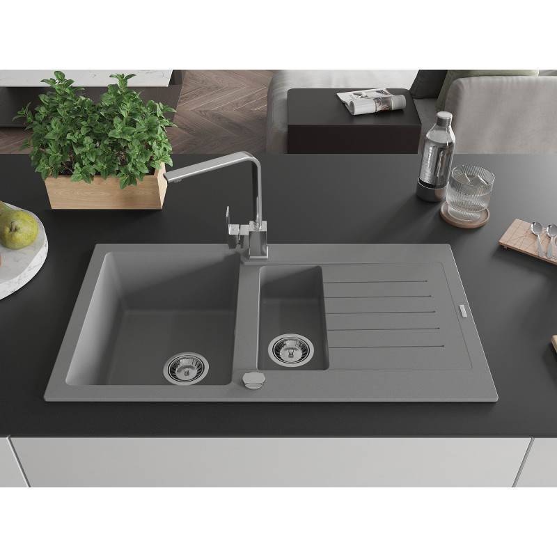 Mexen Matias granite sink 1.5-bowl with drainer and kitchen faucet Rita, gray - 6502-71-670300-00