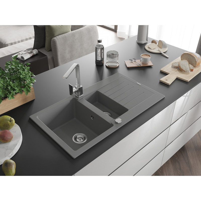 Mexen Matias granite sink 1.5-bowl with drainer and kitchen faucet Rita, gray - 6502-71-670300-00