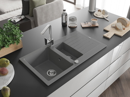 Mexen Matias 1.5-compartment granite sink with a drip tray and kitchen mixer tap Rita, Grey - 6502-71-670300-00