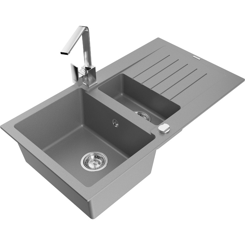 Mexen Matias 1.5-bowl granite sink with drainer and Rita kitchen faucet, gray - 6502-71-670300-00
