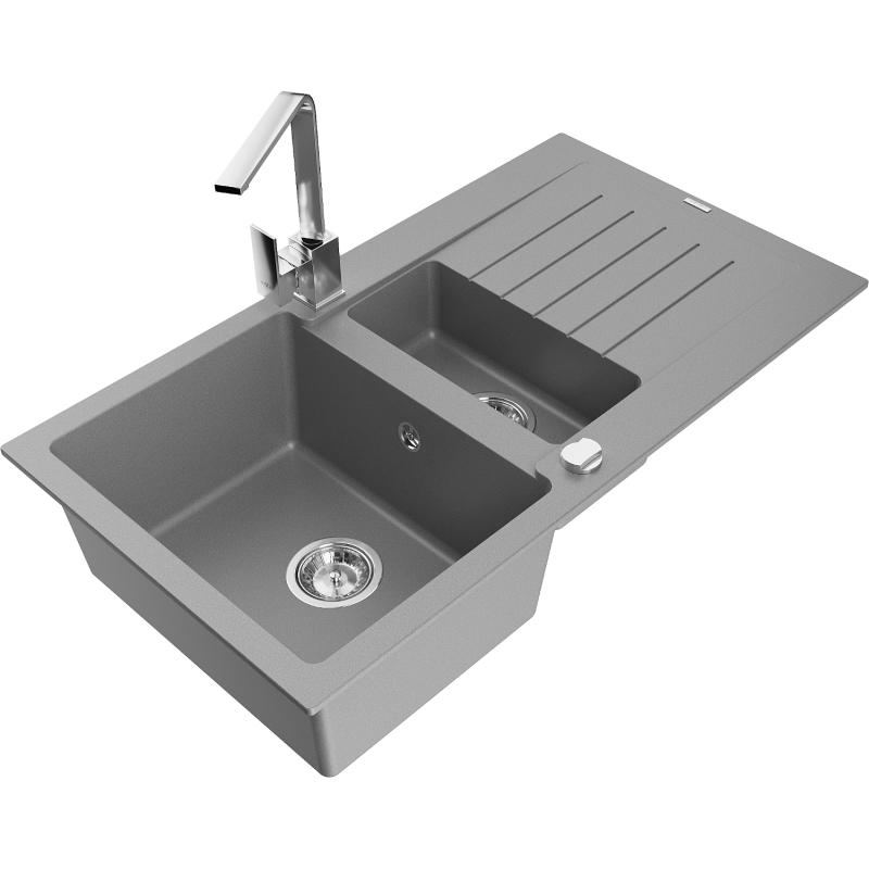Mexen Matias 1.5-compartment granite sink with a drip tray and kitchen mixer tap Rita, Grey - 6502-71-670300-00