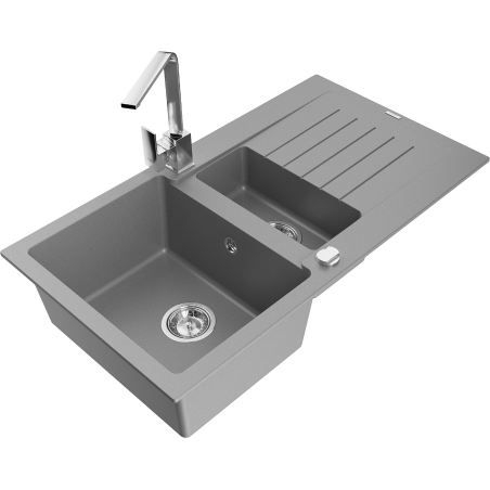 Mexen Matias granite kitchen sink 1.5-bowl with drainer and Rita kitchen tap, grey - 6502-71-670300-00