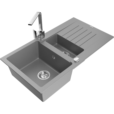 Mexen Matias granite sink 1.5-bowl with drainer and kitchen faucet Rita, gray - 6502-71-670300-00