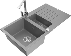 Mexen Matias 1.5-compartment granite sink with a drip tray and kitchen mixer tap Rita, Grey - 6502-71-670300-00
