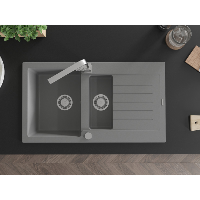 Mexen Matias granite sink 1.5-bowl with drainer and kitchen faucet Rita, gray - 6502-71-670300-00