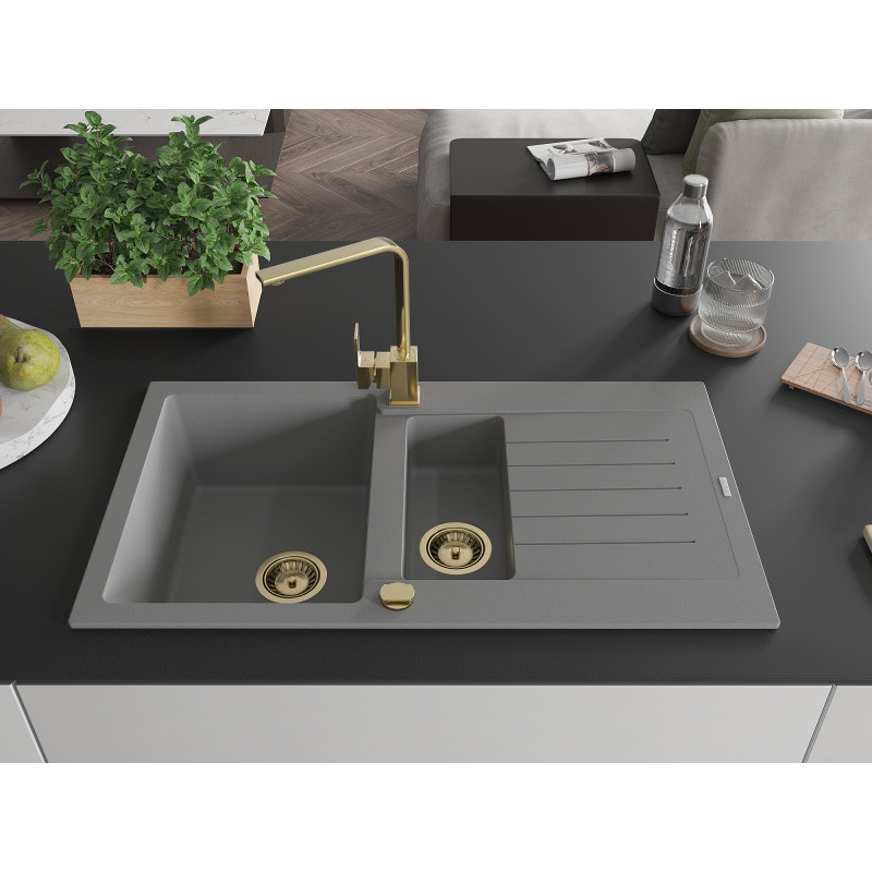 Mexen Matias 1.5-bowl granite sink with drainer and Rita kitchen faucet, gray - 6502-71-670300-50