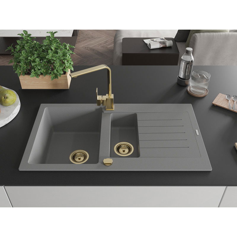 Mexen Matias granite sink 1.5-bowl with drainer and kitchen tap Rita, grey - 6502-71-670300-50