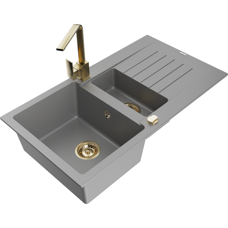 Mexen Matias 1.5-compartment granite sink with a drip tray and kitchen mixer tap Rita, Grey - 6502-71-670300-50