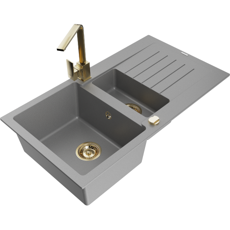 Mexen Matias granite sink 1.5-bowl with drainer and kitchen tap Rita, grey - 6502-71-670300-50