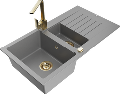 Mexen Matias 1.5-compartment granite sink with a drip tray and kitchen mixer tap Rita, Grey - 6502-71-670300-50