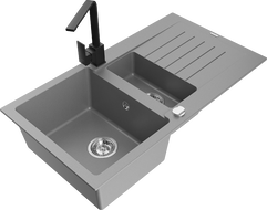 Mexen Matias 1.5-compartment granite sink with a drip tray and kitchen mixer tap Rita, Grey - 6502-71-670300-70