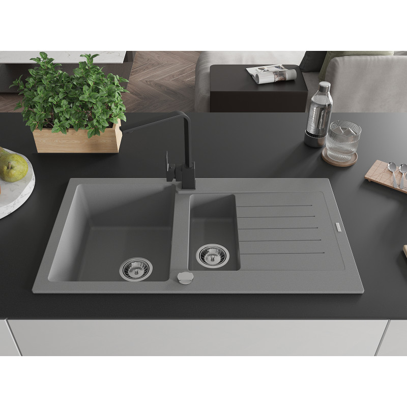 Mexen Matias 1.5-bowl granite sink with drainer and Rita kitchen faucet, gray - 6502-71-670300-70