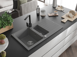 Mexen Matias 1.5-bowl granite sink with drainer and Rita kitchen tap, grey - 6502-71-670300-70